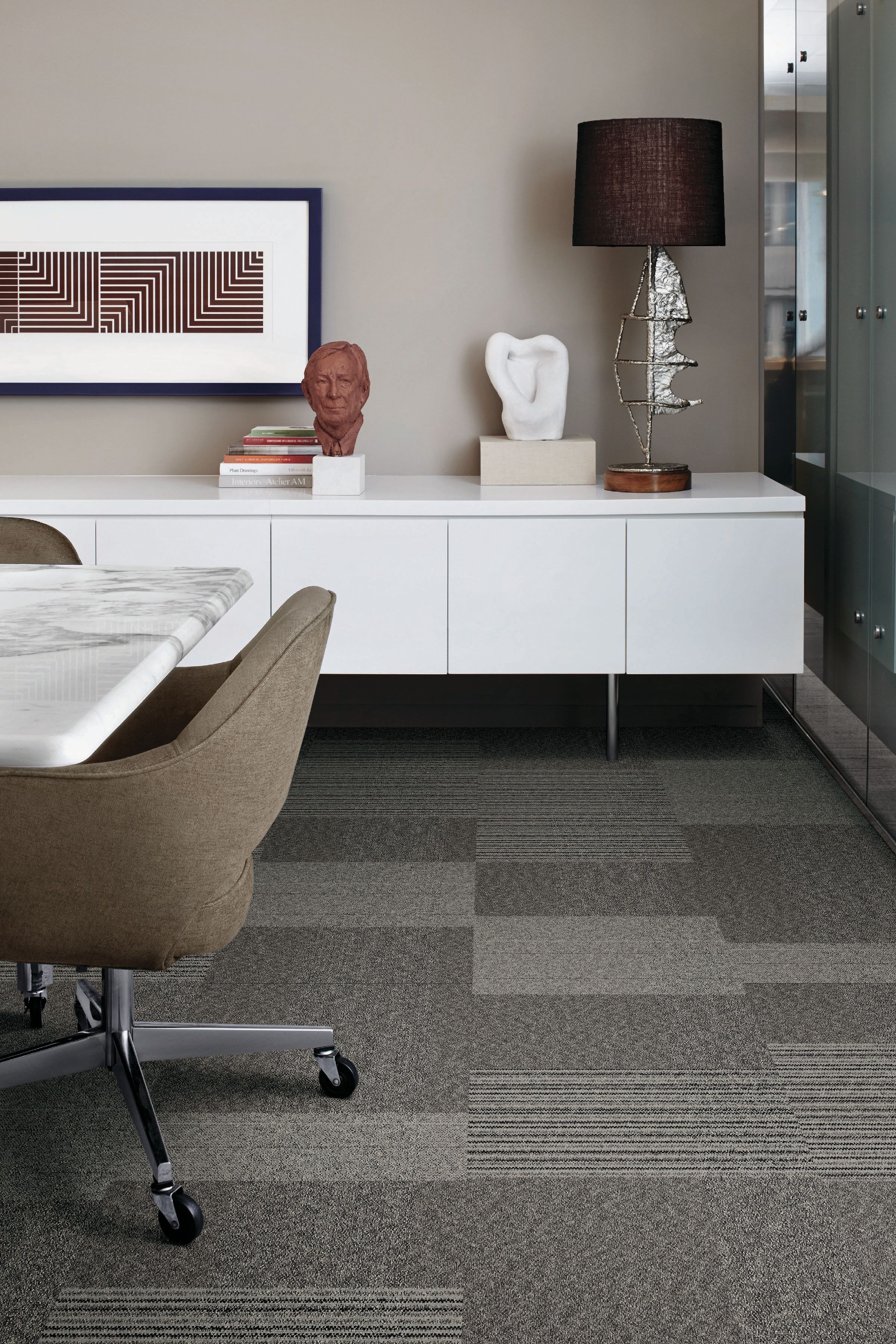 Interface ShadowBox Velour carpet tile in office with credenza image number 7